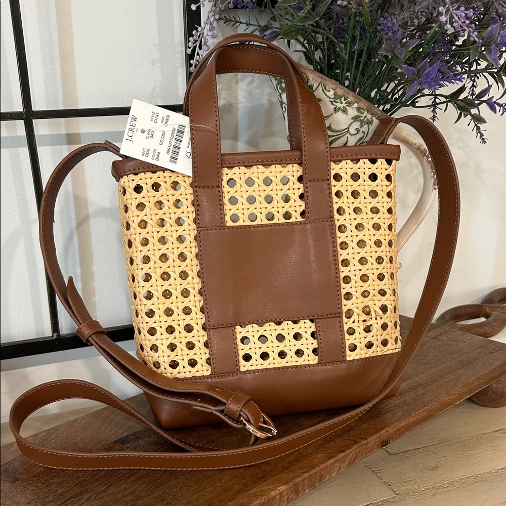 J. Crew Brown Leather and Natural Woven Crossbody Bag - Picture 3 of 3